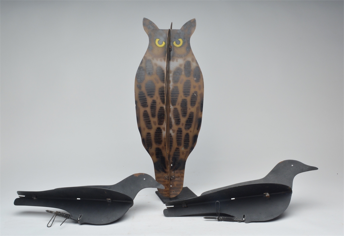 Owl and two folding metal crows, Outing (Dewey) Manufacturing, Elkhart,  Indiana. 